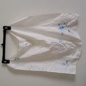 Hand painted silk scarf, white- off white and blue floral design, wearable art.